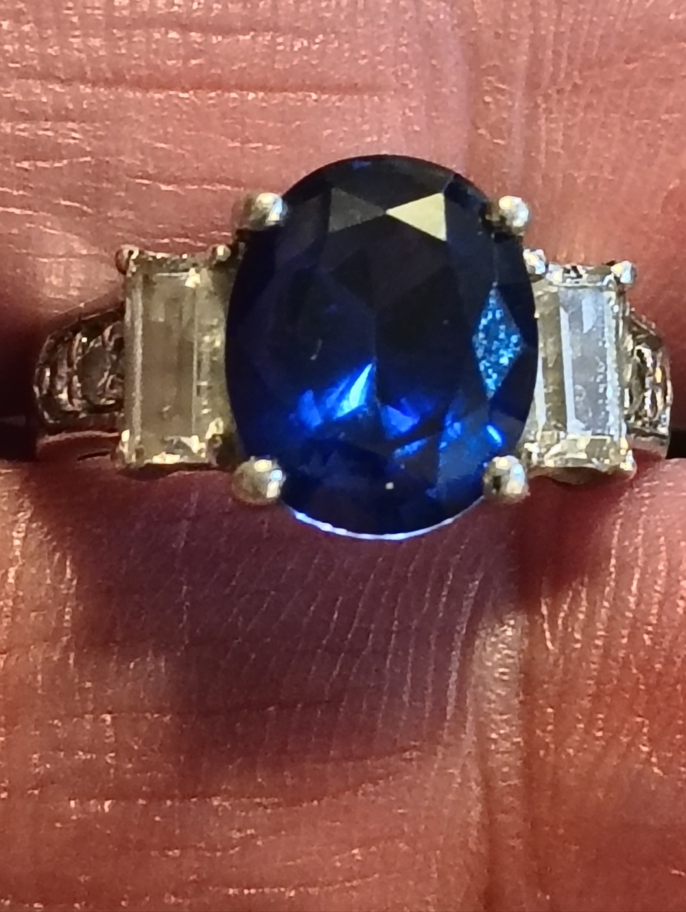 Vintage Sterling Silver And Blue Sapphire Oval 3 Stone Ring W/ Cz Accents Signed